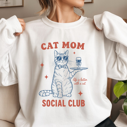 Cat Mom Social Club DTF transfer design pressed on a unisex graphic t-shirt mockup