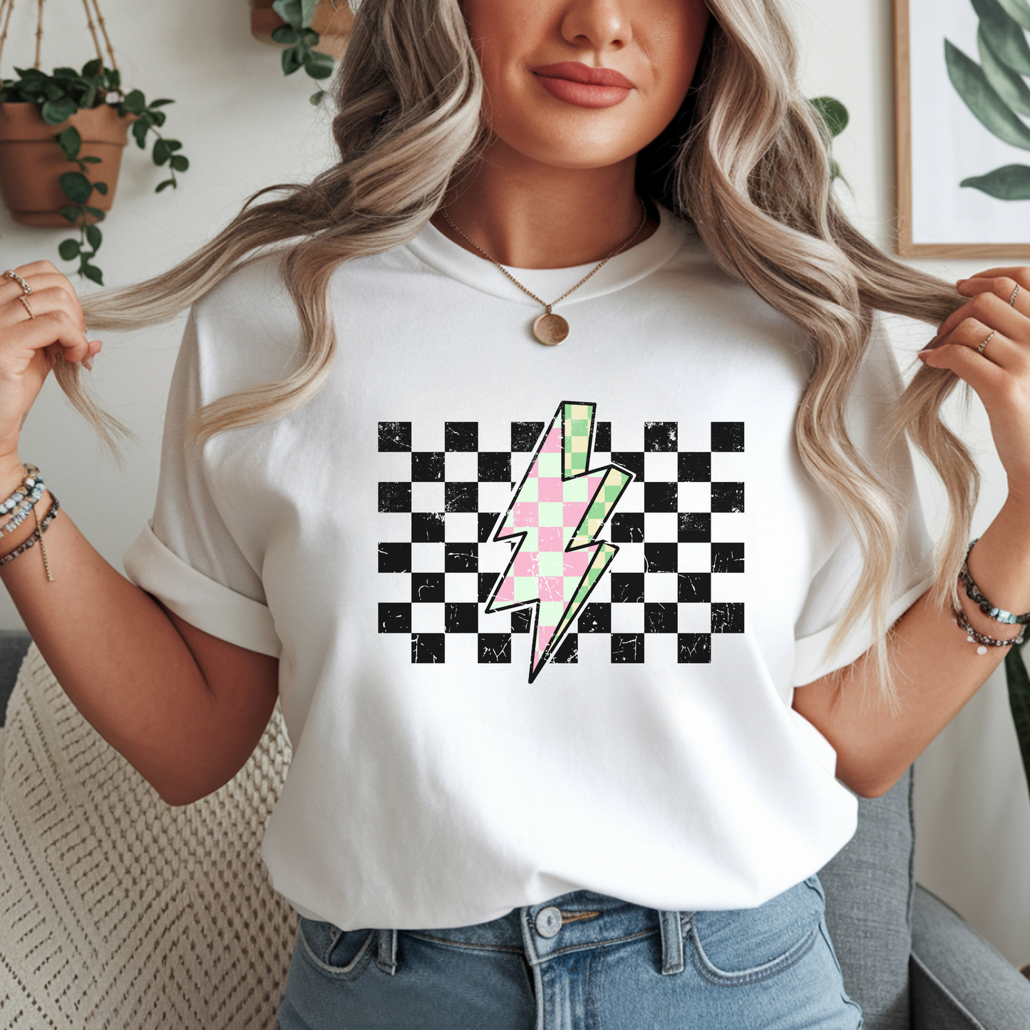 Checkered Lightning DTF transfer design pressed on a unisex graphic t-shirt mockup