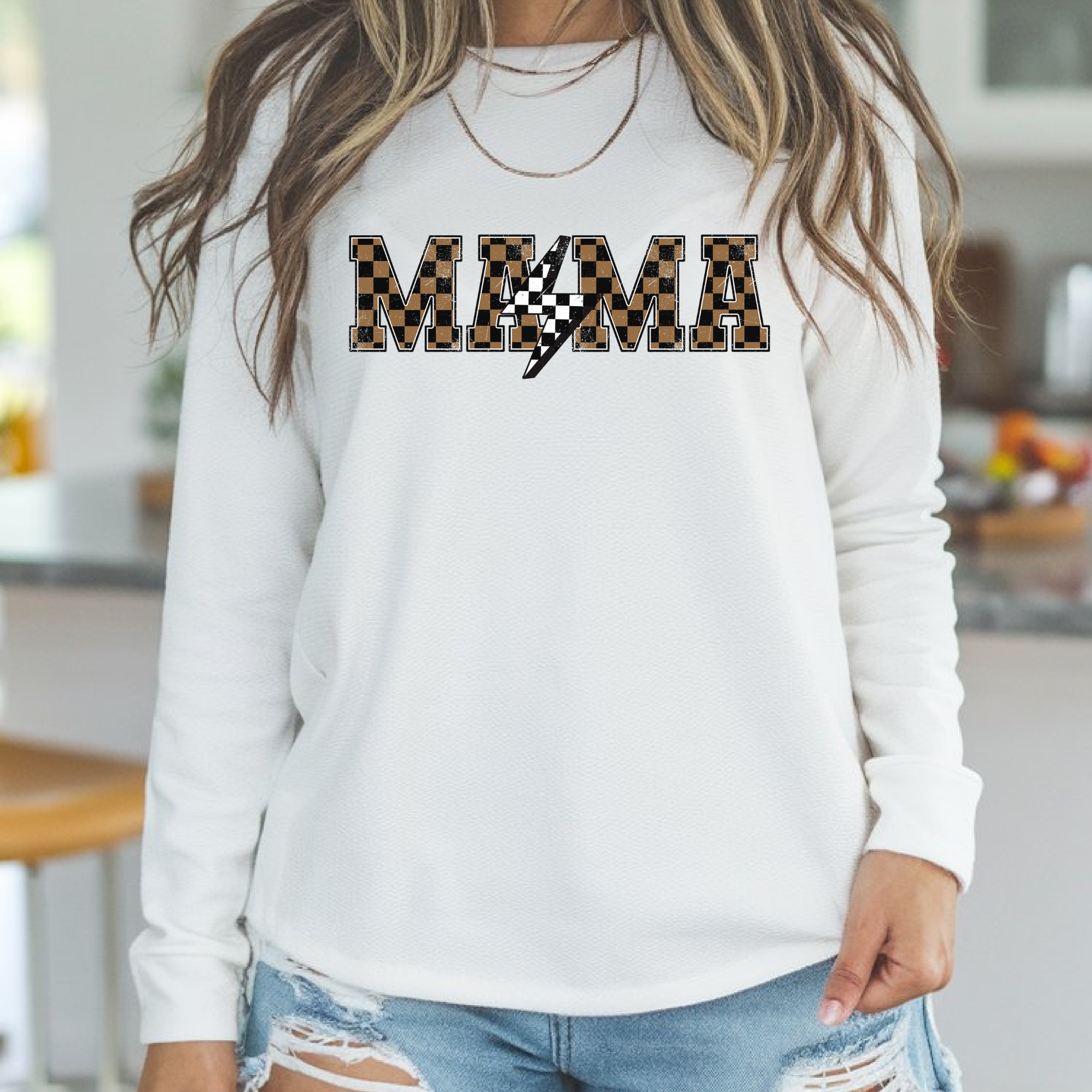 Checkered Mama brown DTF transfer pressed on neutral graphic tee mockup