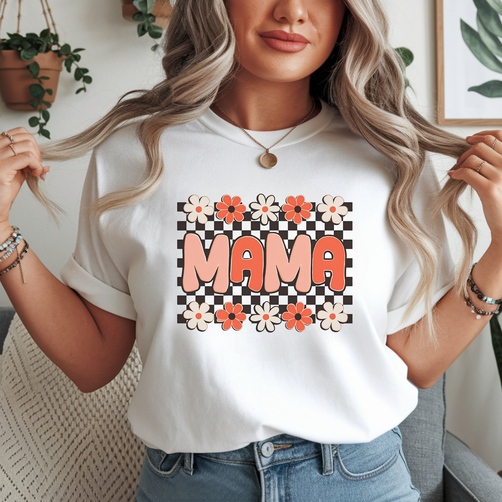 Checkered Mama floral DTF transfer pressed on neutral graphic tee mockup