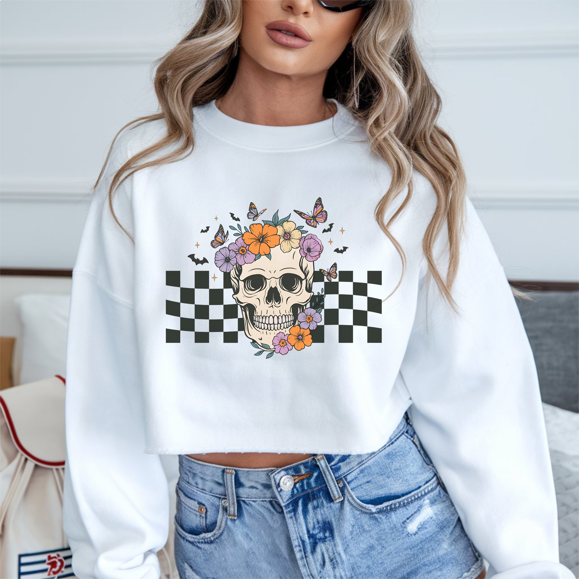 Checkered Skull DTF transfer design pressed on a unisex graphic t-shirt mockup