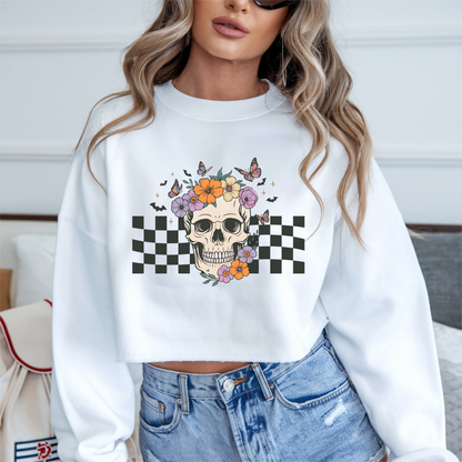 Checkered Skull DTF transfer design pressed on a unisex graphic t-shirt mockup