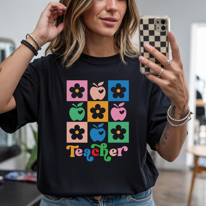Checkered Teacher DTF transfer pressed on black graphic teacher tee mockup