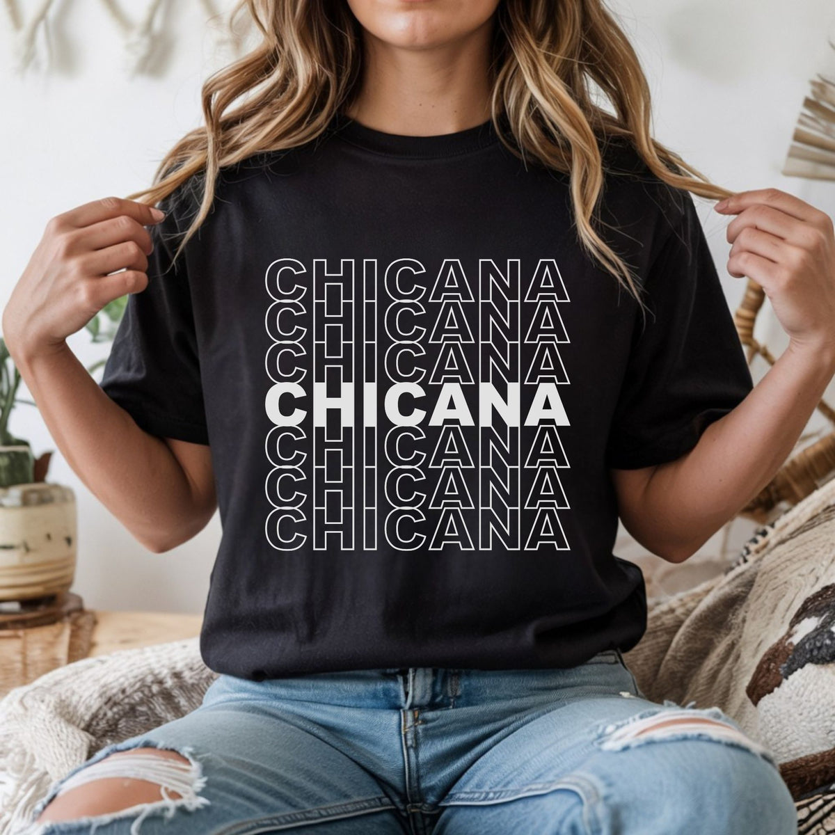 Chicana DTF transfer featuring bold stacked black and white block lettering in a repeating typography design, perfect for Latina shirts, Chicana apparel, sweatshirts, tote bags, and statement graphic tees.