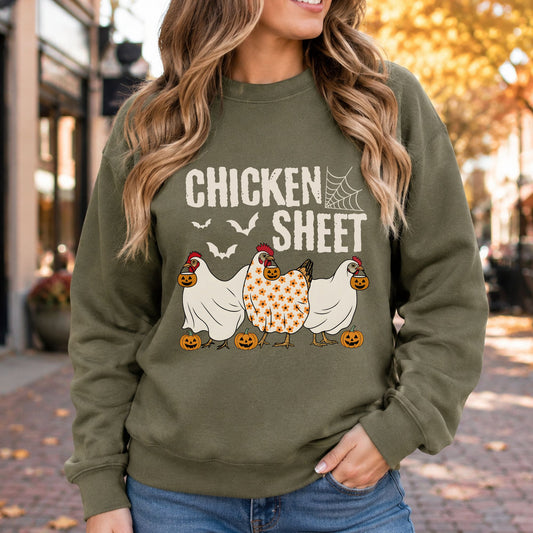 Chicken Sheet Halloween DTF transfer featuring three trick-or-treat chickens with jack-o-lantern candy buckets, orange floral details, bats, and a spiderweb.