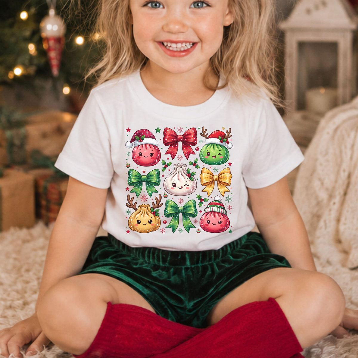 Five cute dumplings in red, green, cream and gold with Christmas hats and reindeer antlers, surrounded by four bows, holly, snowflakes and ornaments.