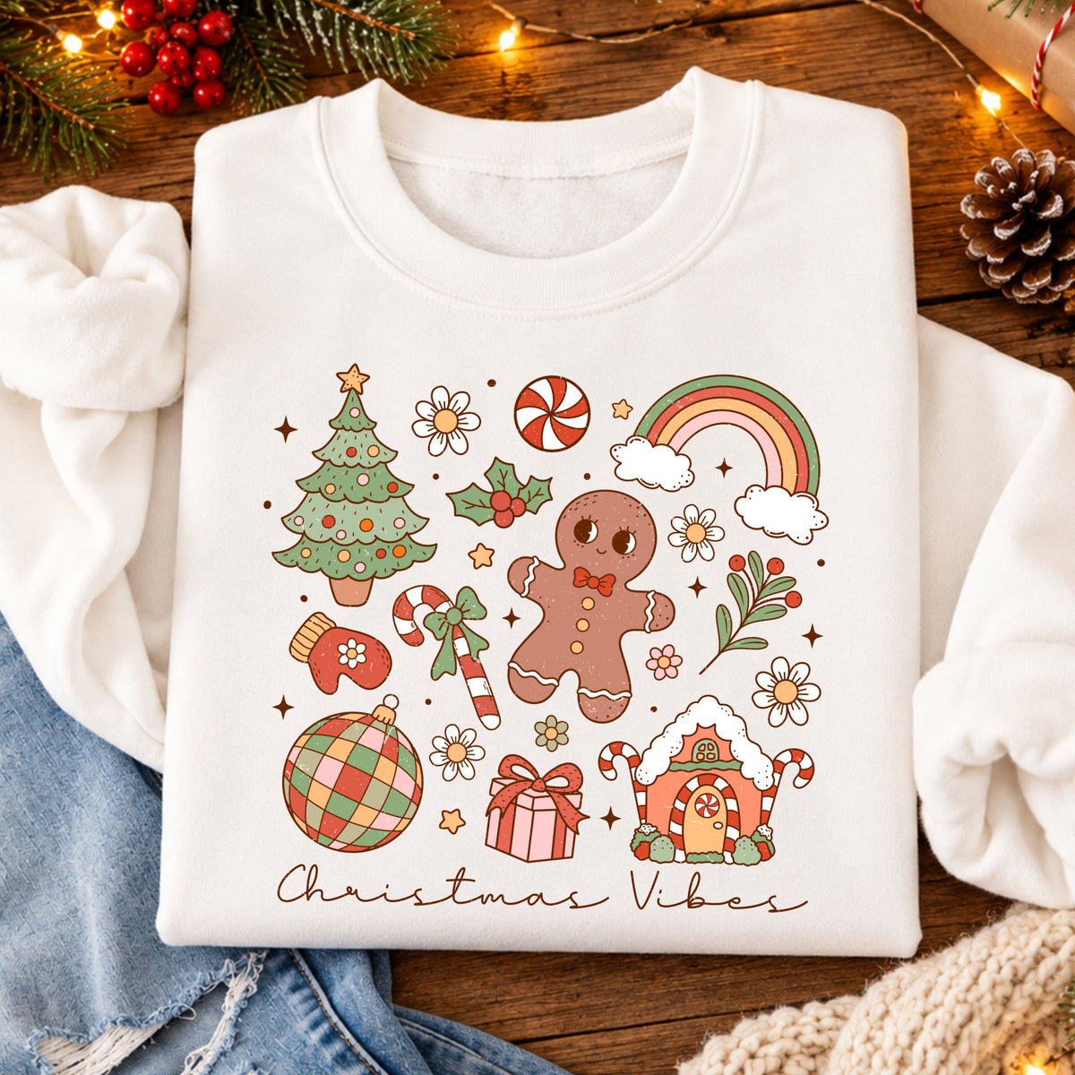 Christmas Vibes script beneath a retro collage featuring a gingerbread man and house, Christmas tree, rainbow, disco ornament, candy canes, daisies and a gift in pink, coral, sage and peach.