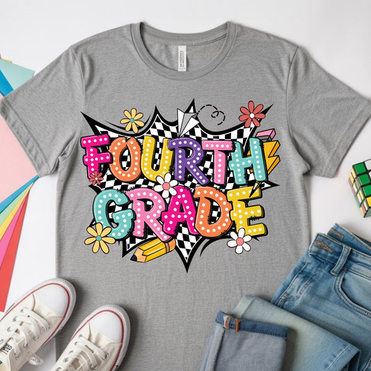 Colorful Fourth Grade back-to-school design featuring bright bubble letters, black-and-white checkerboard accents, flowers, a pencil, paper airplane, lightning bolt, and playful school graphics.