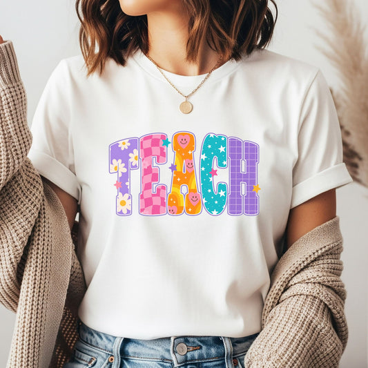 Colorful TEACH design featuring oversized patterned letters with daisies, pink checkerboard, smiling retro faces, teal stars, purple grid details, and playful classroom style.