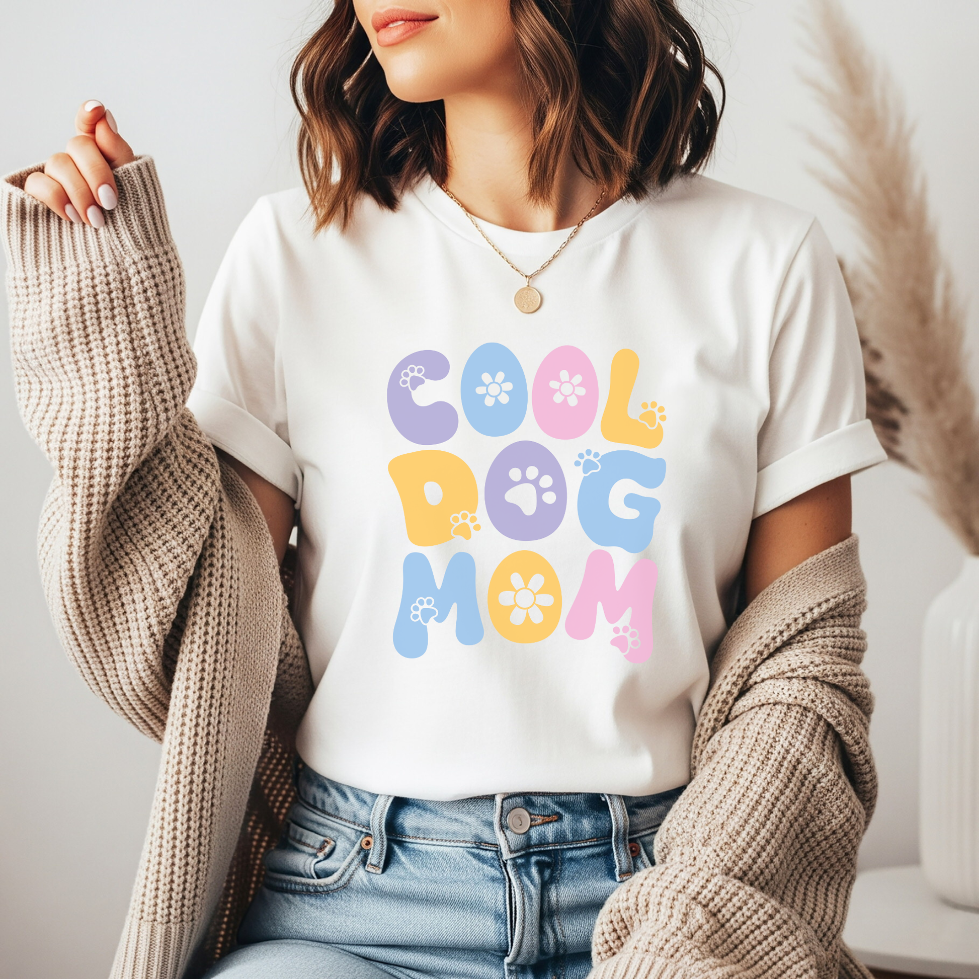 Cool Dog Mom DTF transfer design pressed on a premium unisex t-shirt mockup