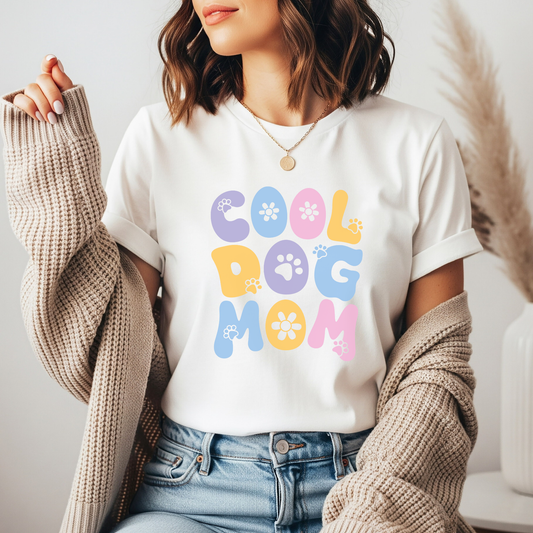 Cool Dog Mom DTF transfer design pressed on a premium unisex t-shirt mockup