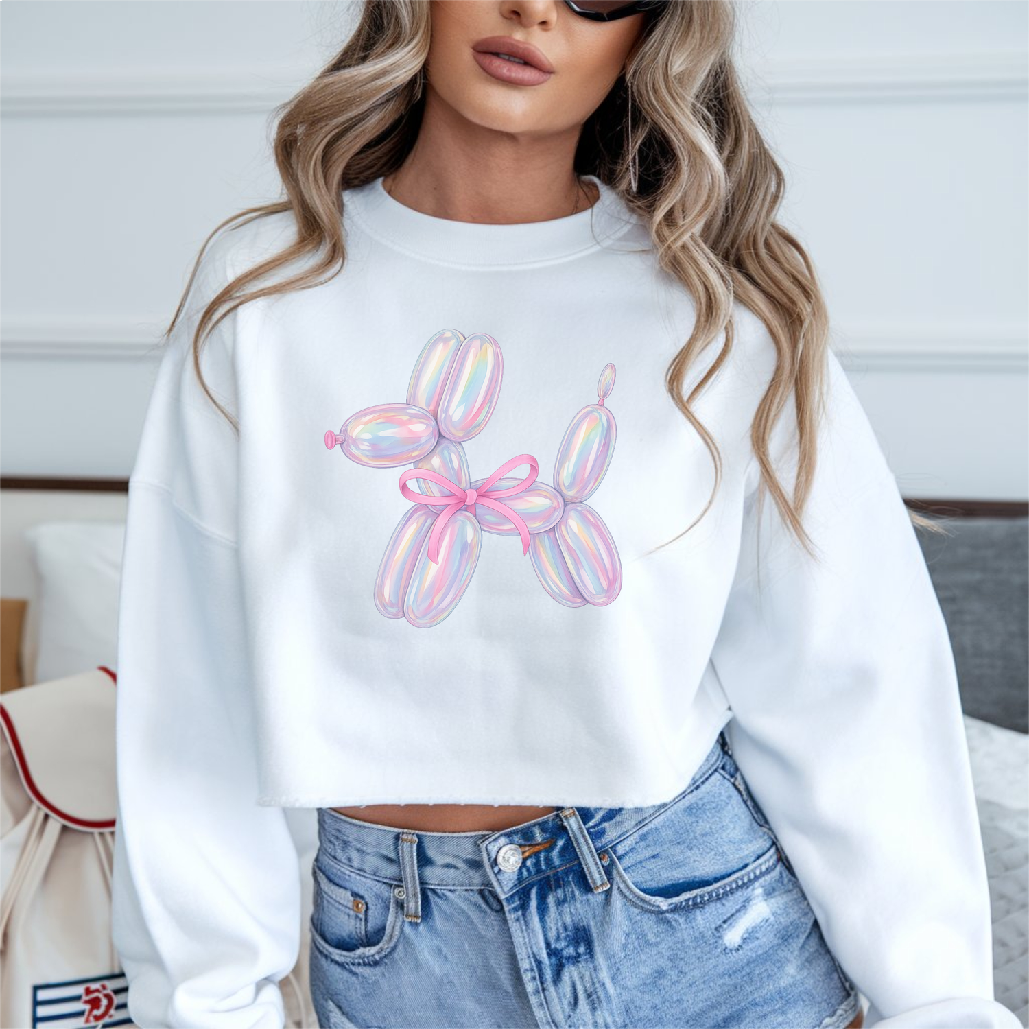 Coquette balloon dog DTF transfer design pressed on a premium unisex graphic t-shirt mockup