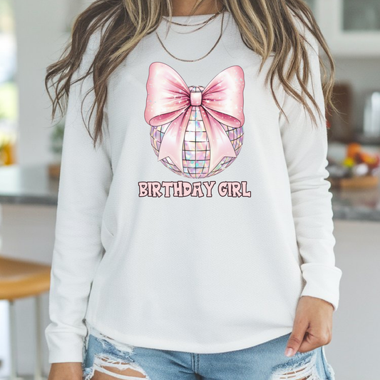 Coquette Birthday Girl Disco DTF transfer pressed on white graphic tee mockup