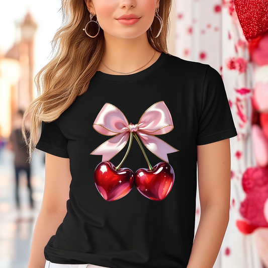 Coquette cherry hearts DTF transfer with bow detail on black graphic t-shirt