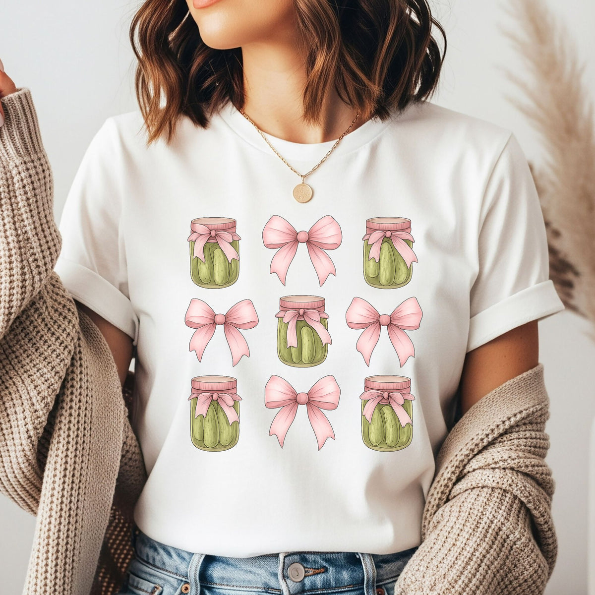 Coquette pickle jar DTF transfer featuring green pickle jars tied with soft pink bows and matching oversized pink ribbon bows, perfect for pickle lover shirts, sweatshirts, tote bags, and cute coquette graphic apparel.