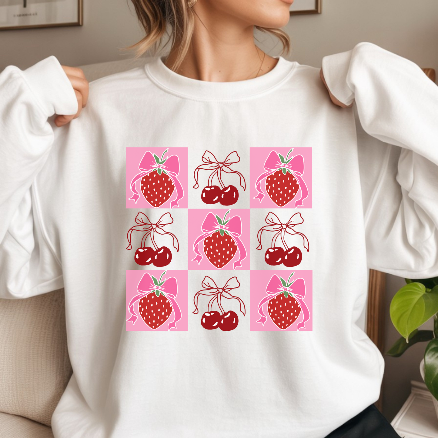 Coquette strawberry and cherry themed DTF transfer on white graphic tee