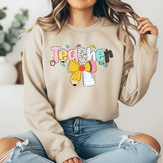 Coquette Teacher Bow DTF transfer pressed on neutral sweatshirt mockup