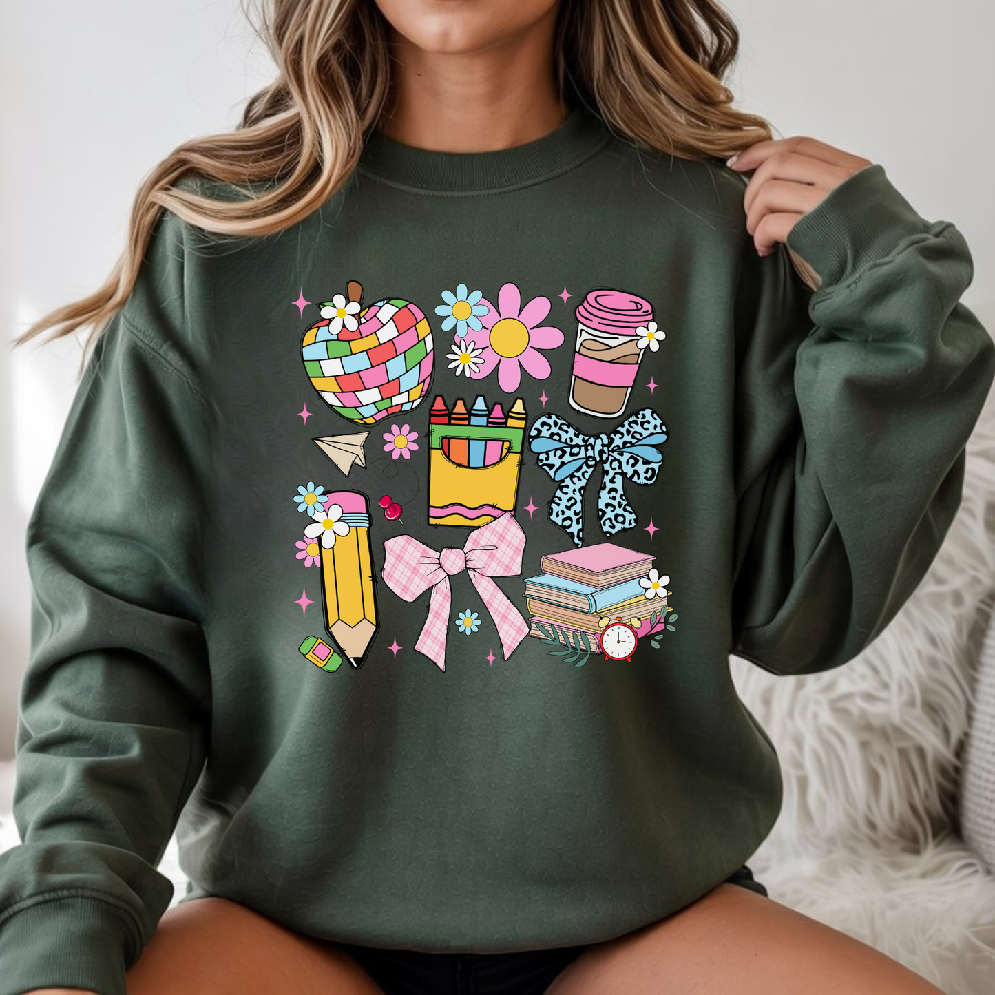 Coquette Teacher DTF transfer pressed on dark green teacher graphic sweatshirt mockup