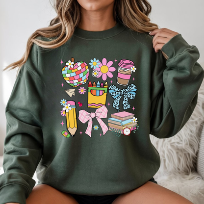 Coquette Teacher DTF transfer pressed on dark green teacher graphic sweatshirt mockup