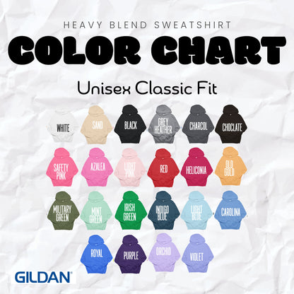 Color chart for Gildan heavy blend sweatshirts with various color options.