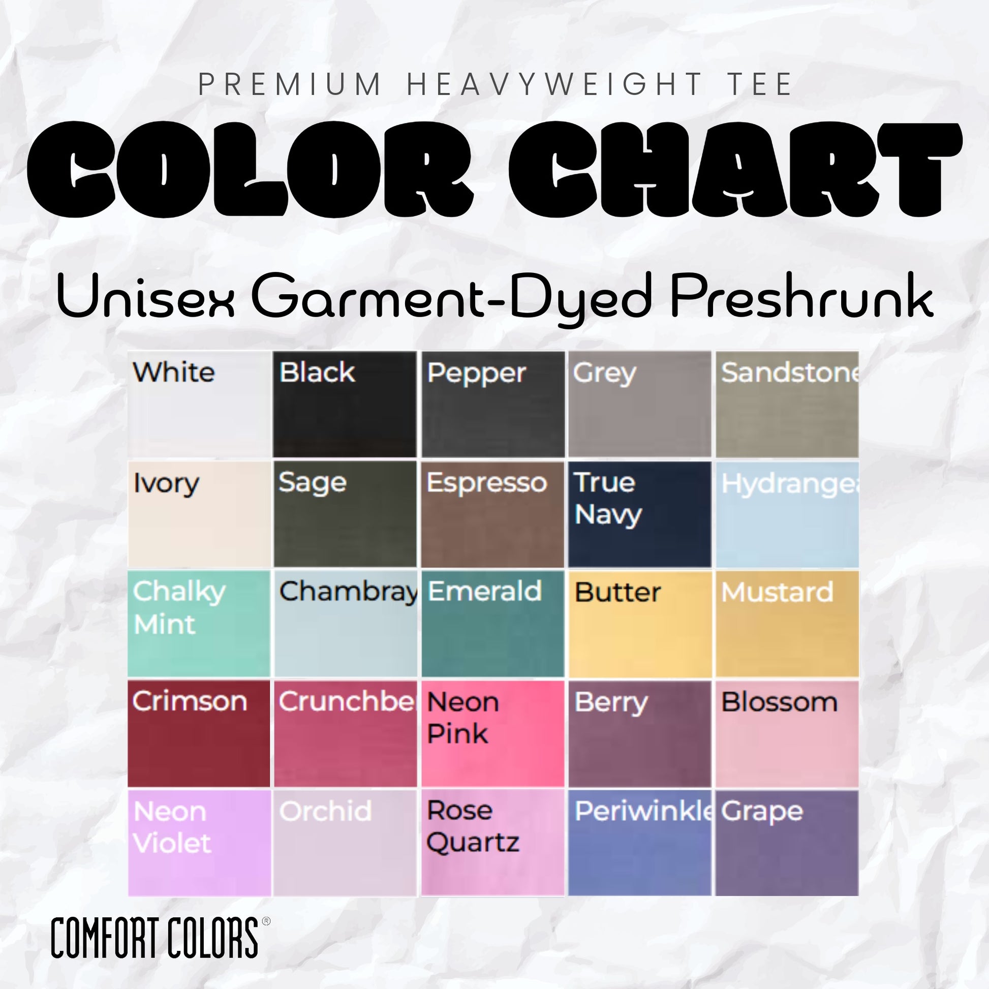 Premium unisex garment-dyed t-shirt color chart