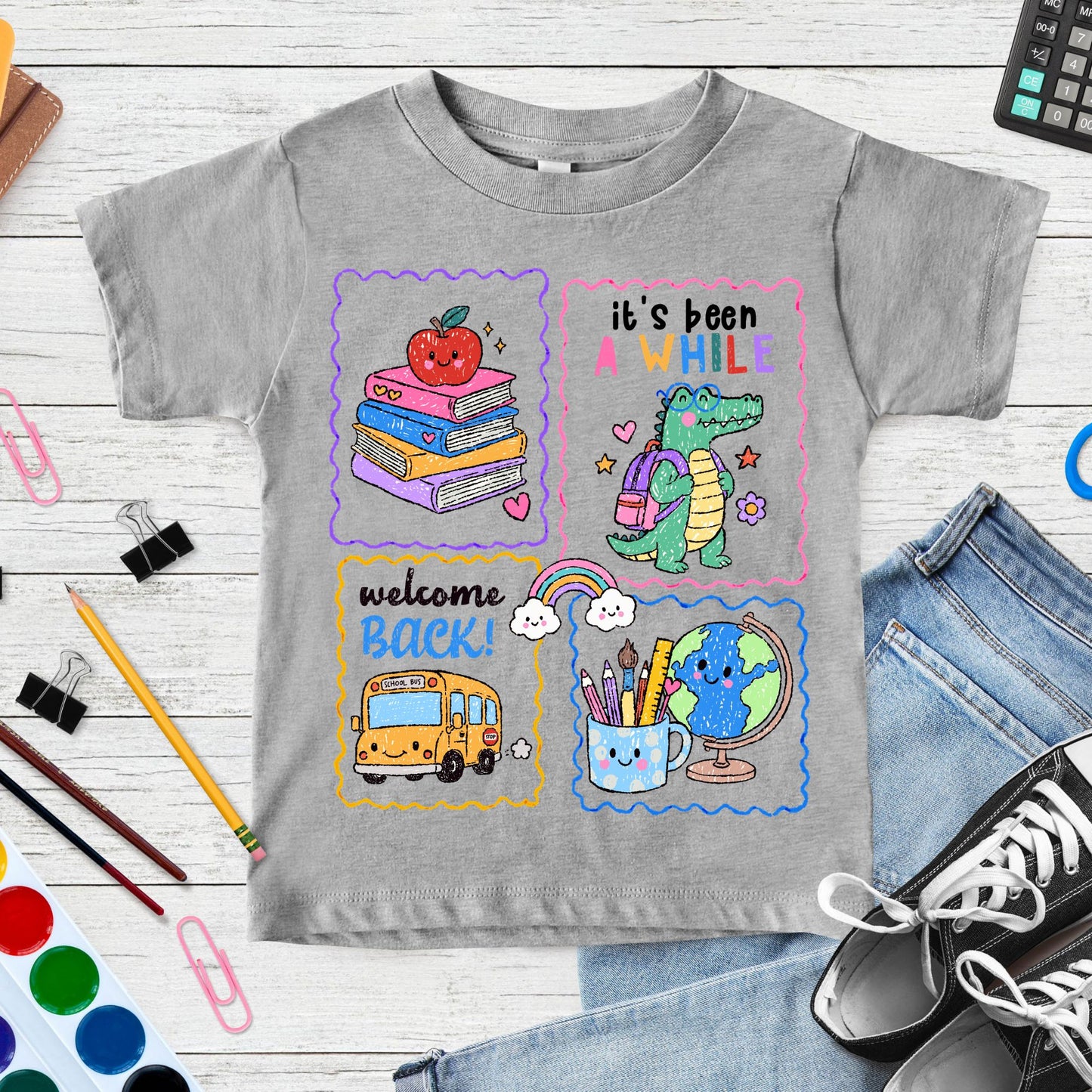 Cute back-to-school collage featuring stacked books with an apple, a backpack-wearing alligator, smiling school bus, rainbow, globe, pencils, ruler, paintbrush, and cheerful classroom doodles.