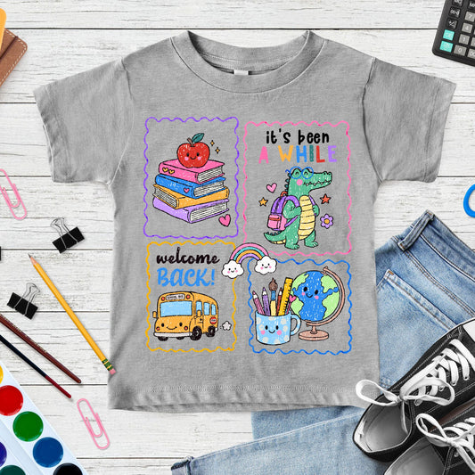 Cute back-to-school collage featuring stacked books with an apple, a backpack-wearing alligator, smiling school bus, rainbow, globe, pencils, ruler, paintbrush, and cheerful classroom doodles.