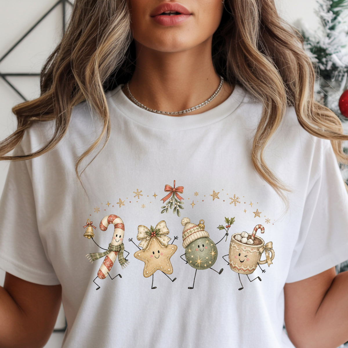 Candy cane in a plaid scarf, star with a bow, sage ornament in a knit hat and marshmallow cocoa mug dancing beneath mistletoe, gold stars and snowflakes.