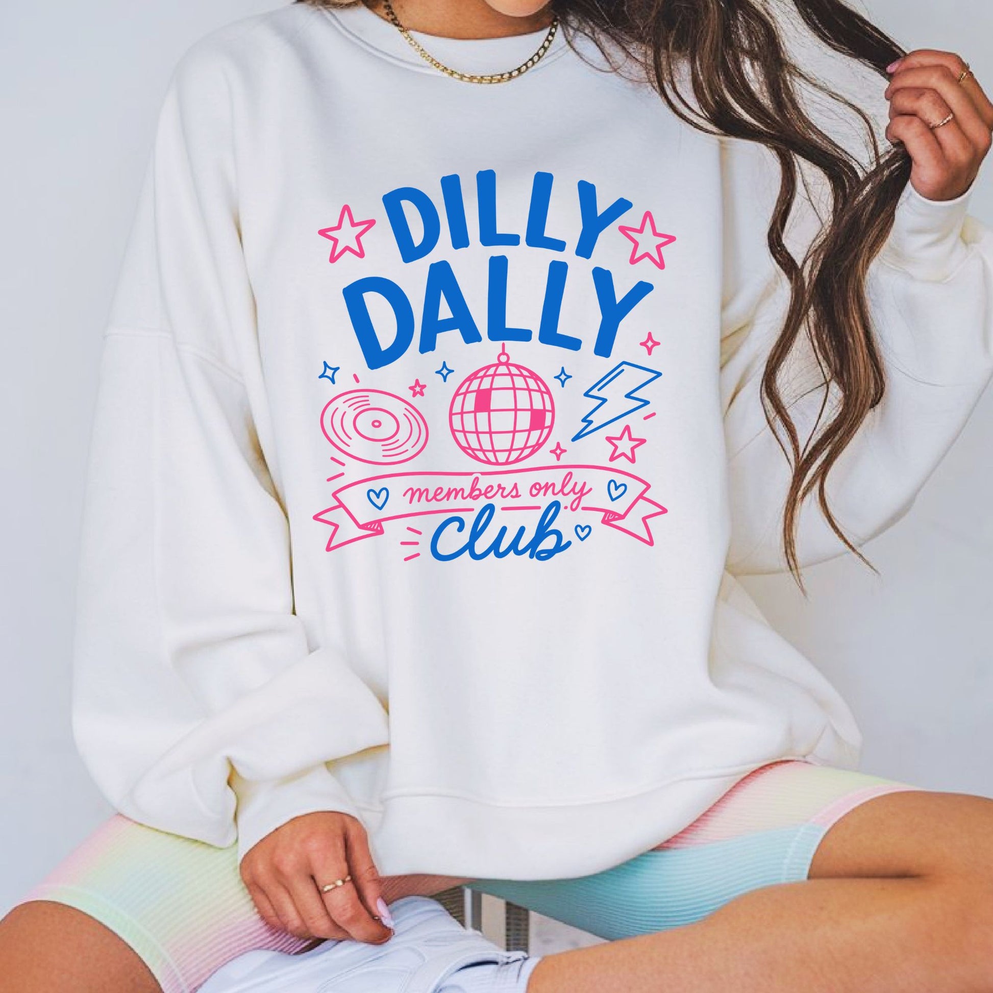 Retro Dilly Dally Club graphic featuring a disco ball, vinyl record, lightning bolt, stars, and members only banner. Perfect for funny graphic tees, hoodies, retro apparel, and procrastinator gifts.

