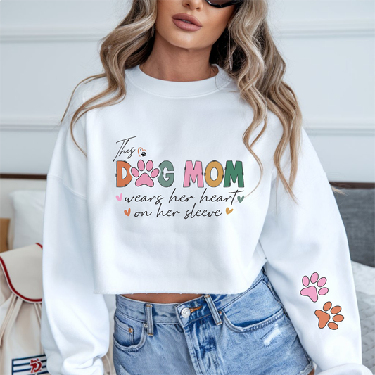 Dog Mom heart DTF transfer set with chest graphic and matching sleeve detail on white sweatshirt