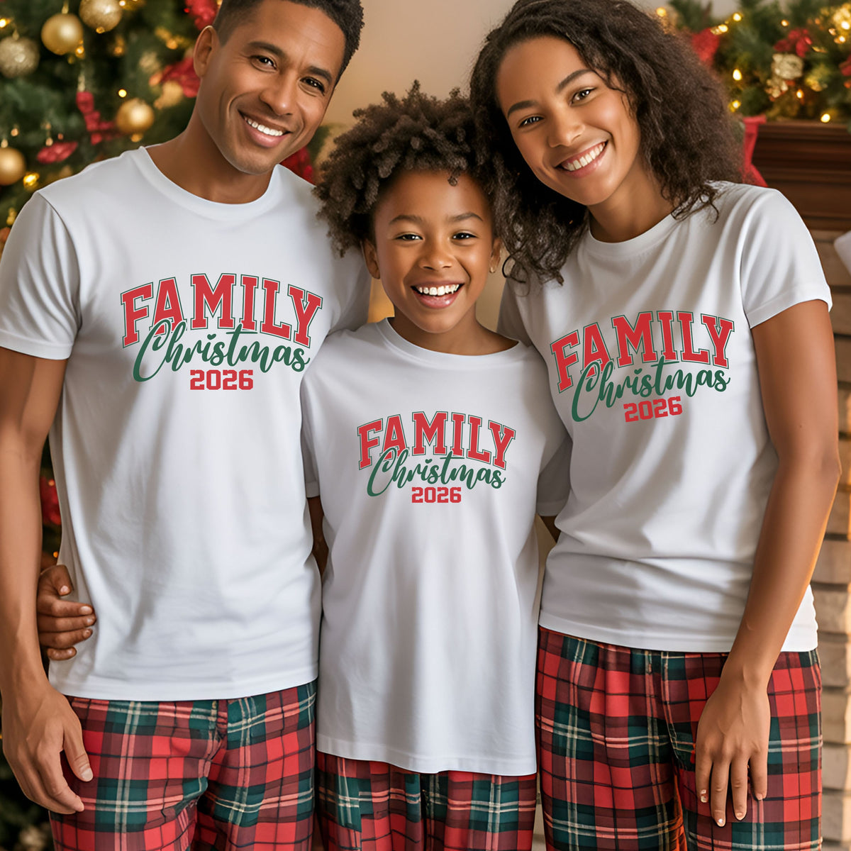 “Family Christmas 2026” with arched red varsity lettering outlined in green, dark green Christmas script with a heart dot, and bold red numbers.