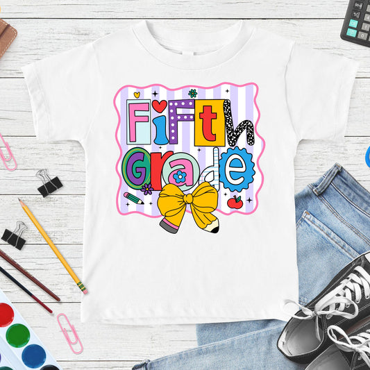 Fifth Grade back-to-school design featuring colorful mixed-pattern letters, a large yellow pencil bow, apple, flowers, hearts, and pastel striped classroom accents.