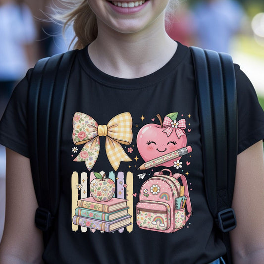 Floral coquette back-to-school design featuring a gingham bow, smiling pink apple, floral pencil, stacked books, flower-covered backpack, daisies, rainbows, and pastel classroom details.