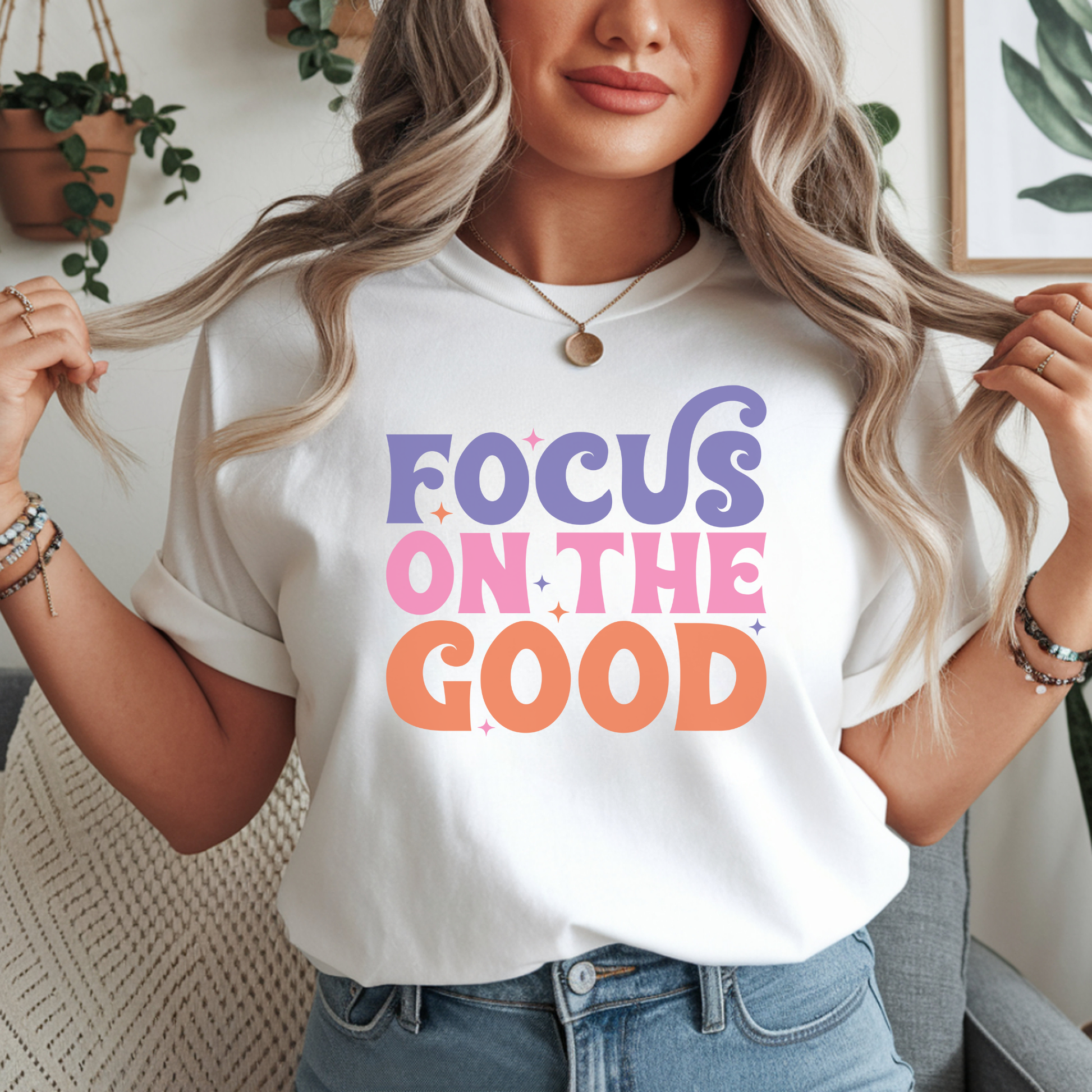 Focus on the Good DTF transfer design pressed on a premium unisex graphic t-shirt mockup