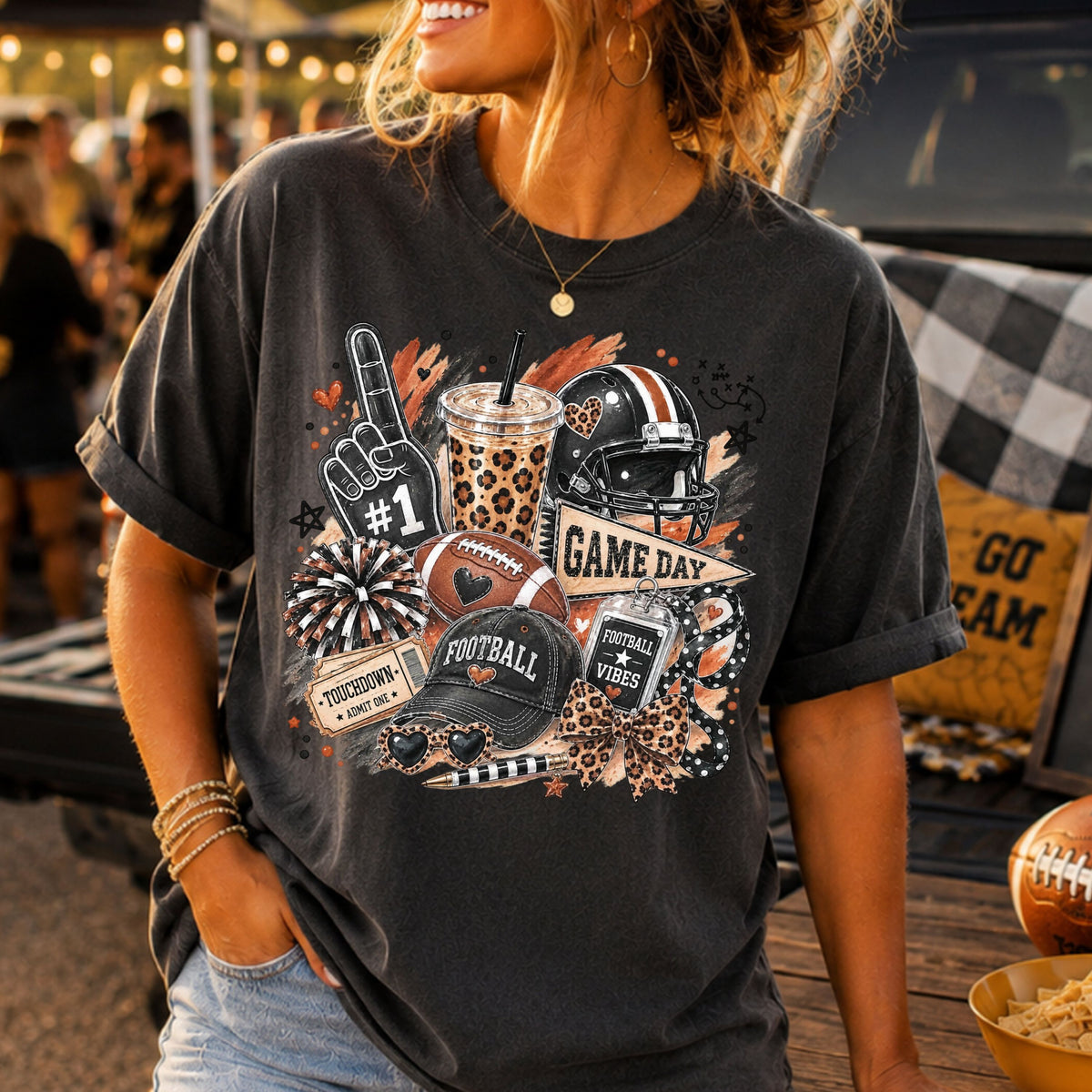 Football Game Day DTF transfer featuring a black football helmet, football, leopard print bow and iced coffee, foam finger, Football Vibes badge, Touchdown ticket, game day pennant, cap, and heart sunglasses.