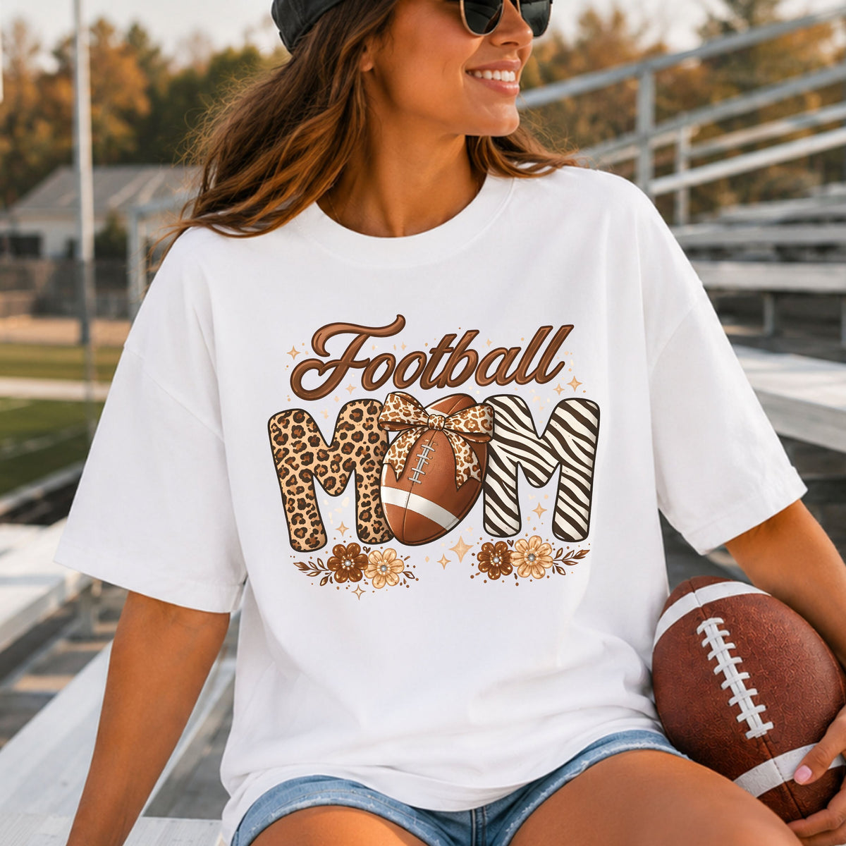 Football Mom DTF transfer featuring brown script Football lettering, leopard print and zebra print MOM letters, a football with leopard bow, neutral flowers, and sparkle accents.