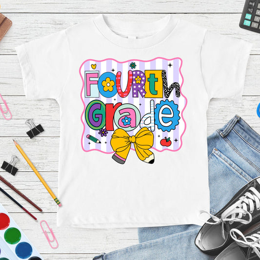 Colorful Fourth Grade back-to-school design featuring mixed-pattern letters, a large yellow pencil bow, apple, flowers, pencil accents, and pastel striped classroom details.