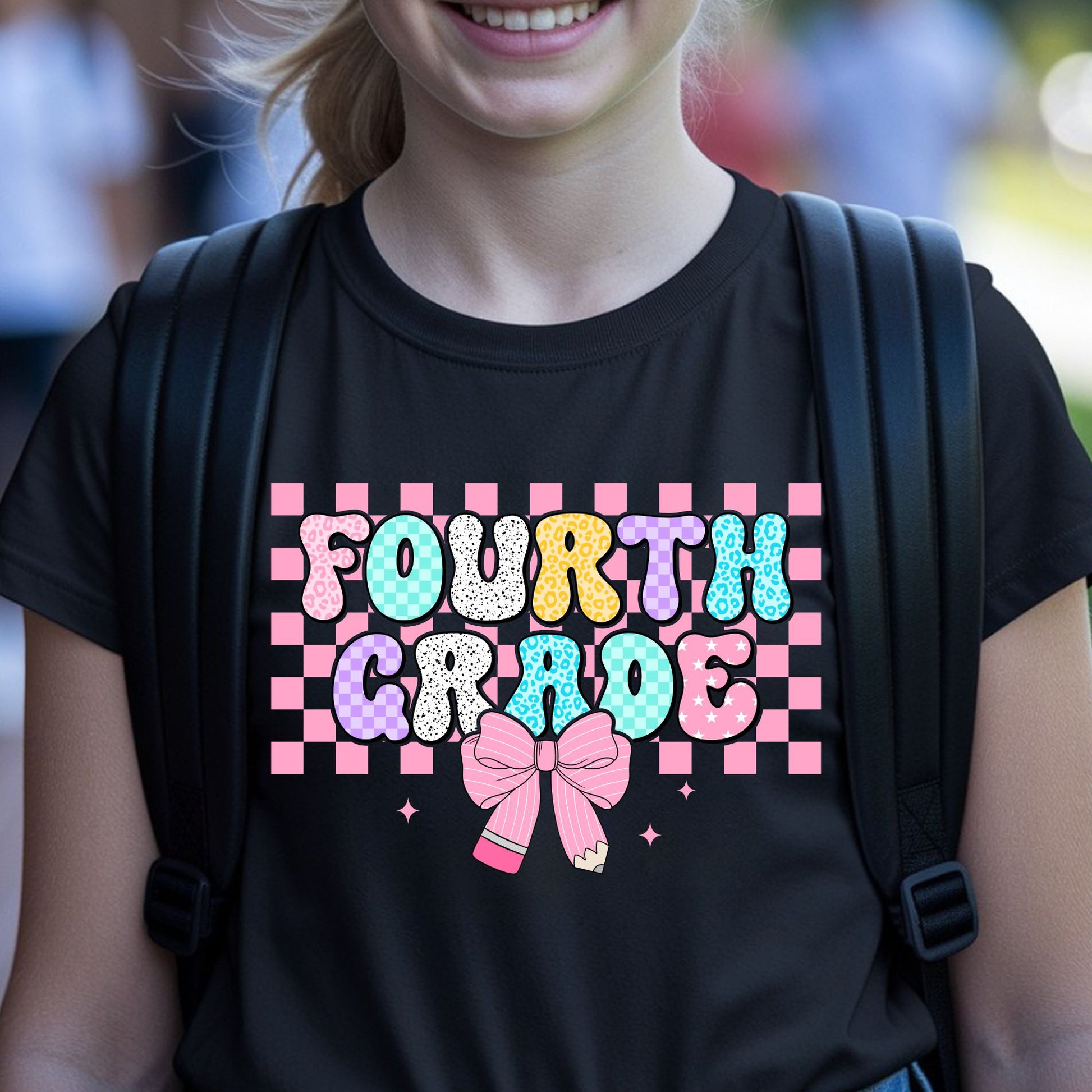 Fourth Grade back-to-school design featuring colorful patterned bubble letters, a pink checkerboard background, pencil bow, sparkles, leopard print, and playful classroom style.