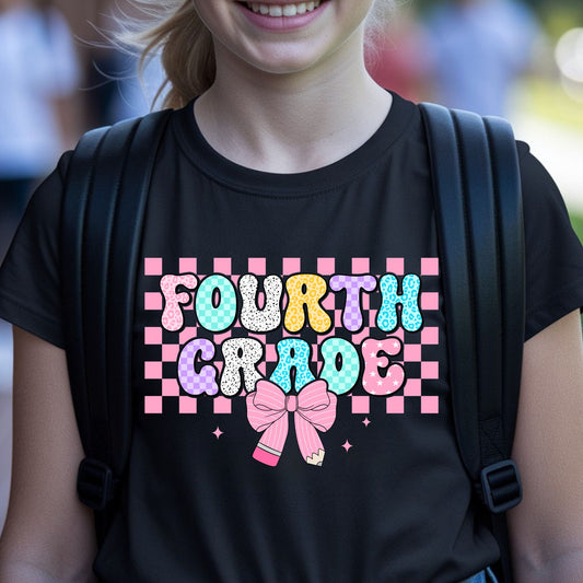 Fourth Grade back-to-school design featuring colorful patterned bubble letters, a pink checkerboard background, pencil bow, sparkles, leopard print, and playful classroom style.