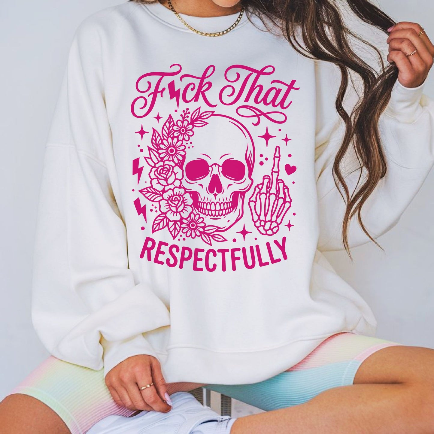 Bold floral skull graphic with the phrase "F*ck That Respectfully" featuring flowers, skeleton hand, lightning bolts, and pink aesthetic. Perfect for sarcastic graphic tees, hoodies, and edgy boutique apparel.
