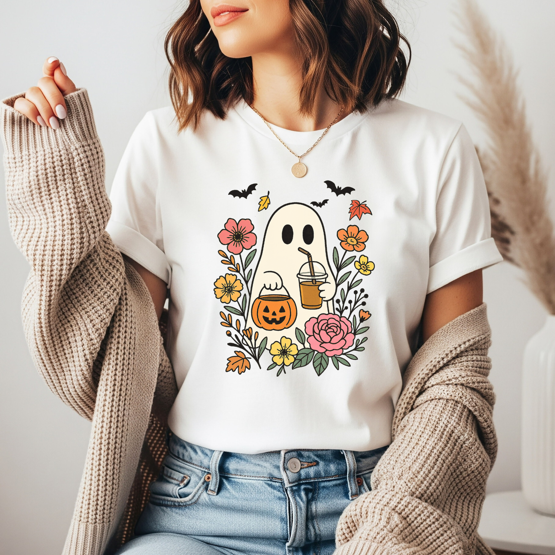 Ghost Coffee Flowers DTF transfer design pressed on a premium unisex graphic t-shirt mockup