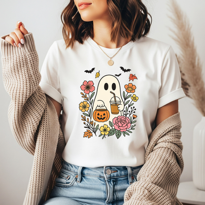 Ghost Coffee Flowers DTF transfer design pressed on a premium unisex graphic t-shirt mockup