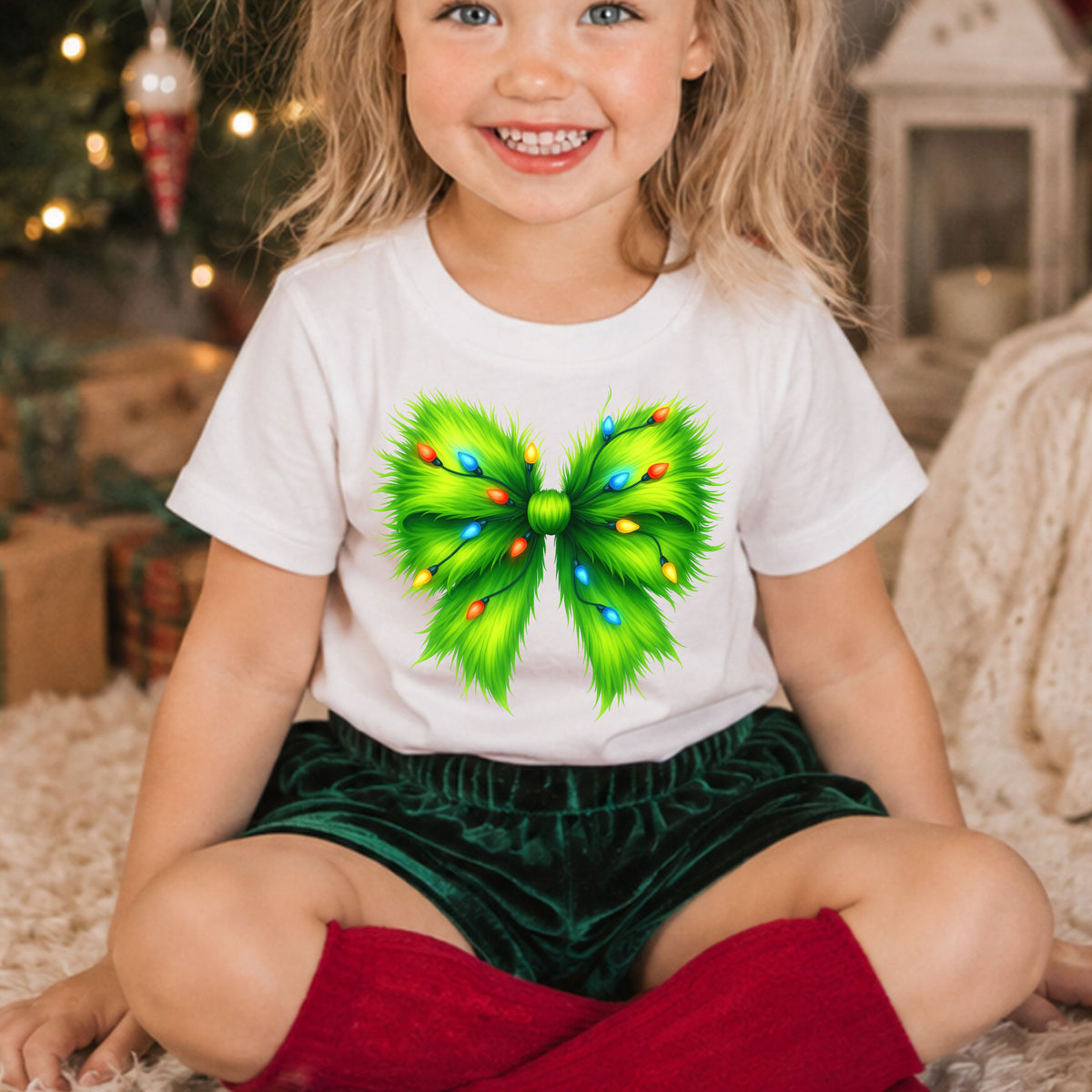 Lime green bow with an illustrated shaggy fur texture, wrapped in glowing blue, orange and yellow Christmas string lights.