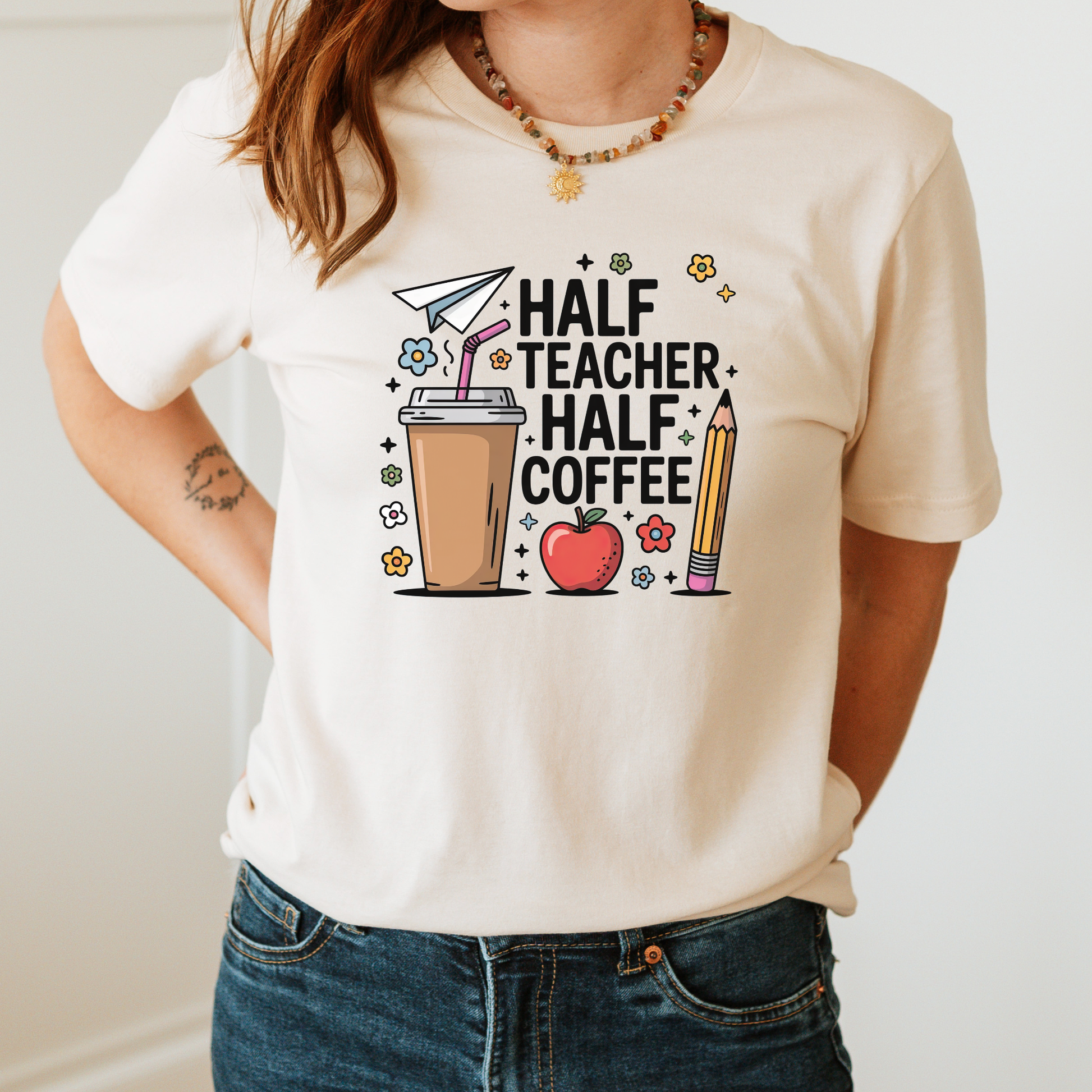 Half Teacher Half Coffee DTF transfer pressed on cream teacher graphic t-shirt mockup