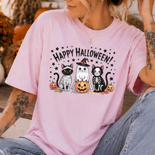Happy Halloween cats DTF transfer featuring three cute cats dressed as a mummy, ghost witch and skeleton with jack-o-lantern pumpkins, stars and spooky details