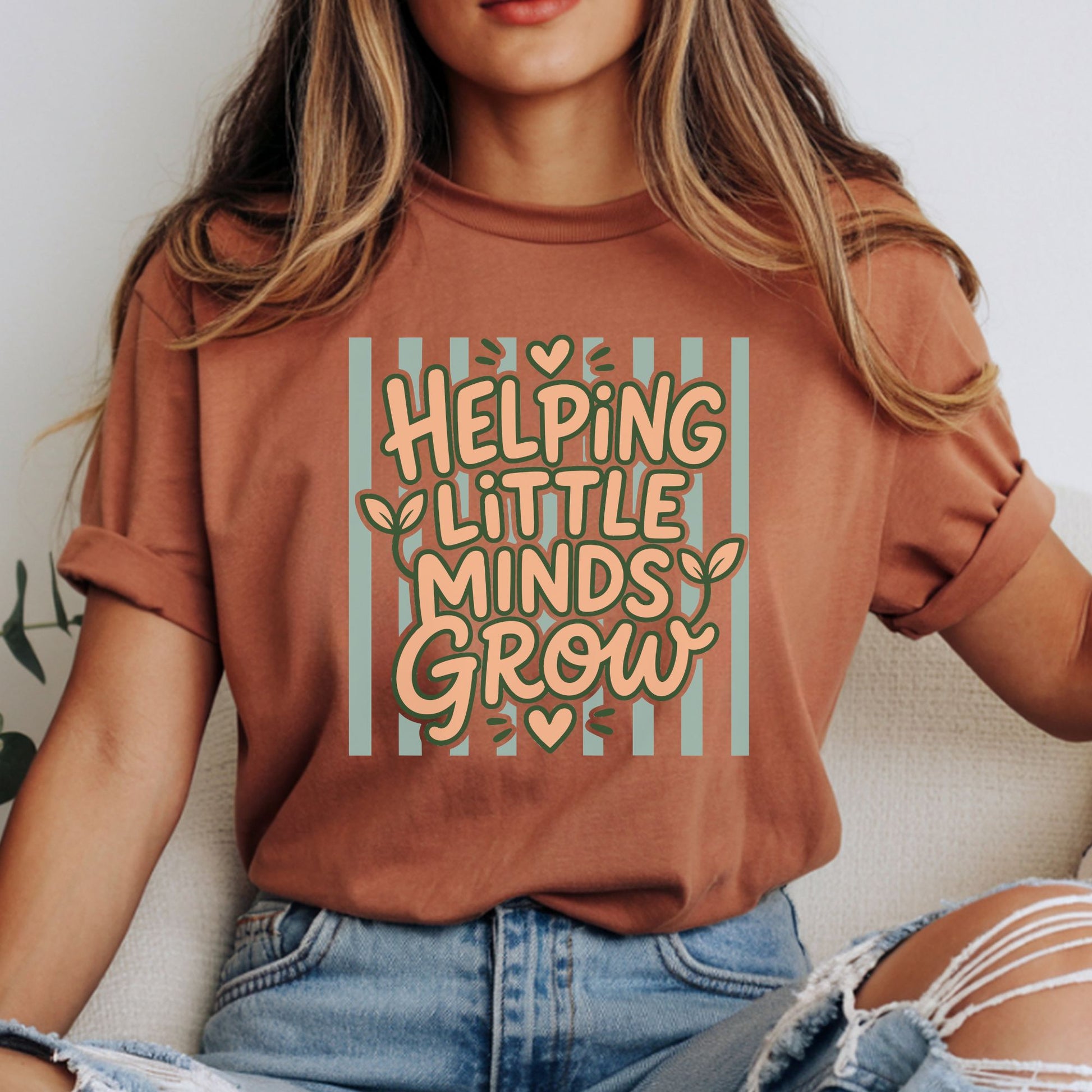 Helping Little Minds Grow teacher design featuring warm peach lettering, dark green outlines, mint vertical stripes, small hearts, and sprouting leaf accents in a simple retro classroom style.
