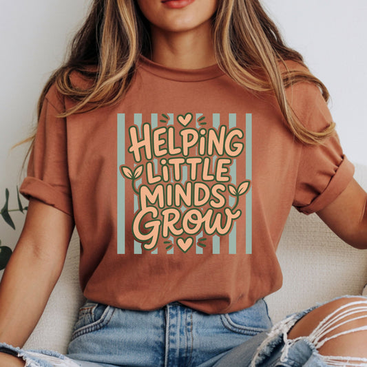 Helping Little Minds Grow teacher design featuring warm peach lettering, dark green outlines, mint vertical stripes, small hearts, and sprouting leaf accents in a simple retro classroom style.