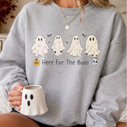 Here For The Boos Halloween DTF transfer featuring four cute floral sheet ghosts with pink and orange flowers, bats, stars, pumpkin and skull details