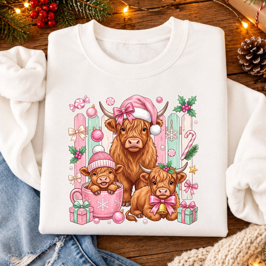 Highland cow trio with a pink Santa hat, bows and a calf in a pink snowflake mug, surrounded by pastel gifts, ornaments, candy and holly.