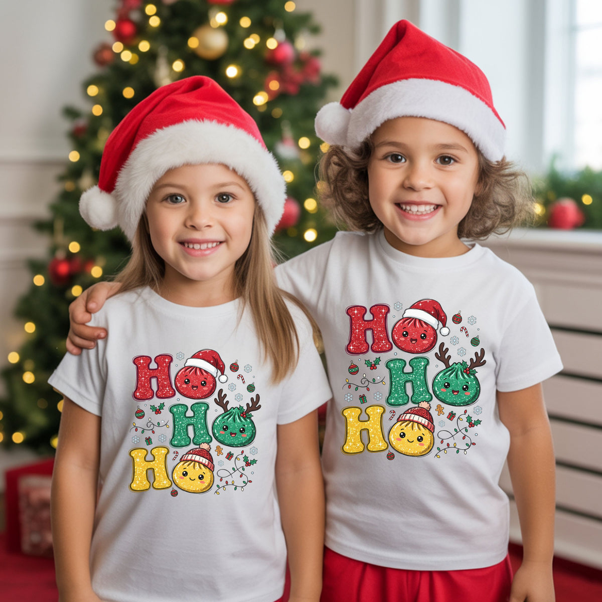 Ho Ho Ho Christmas DTF transfer with smiling red, green and yellow dumplings, a Santa hat, reindeer antlers, knit hat, string lights and faux glitter details.